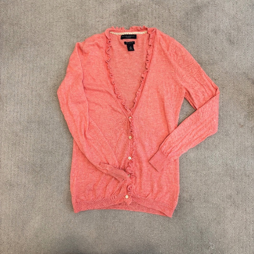 Banana Republic, 100% Cashmere Cardigan w/ Ruffle, Coral, Size Medium